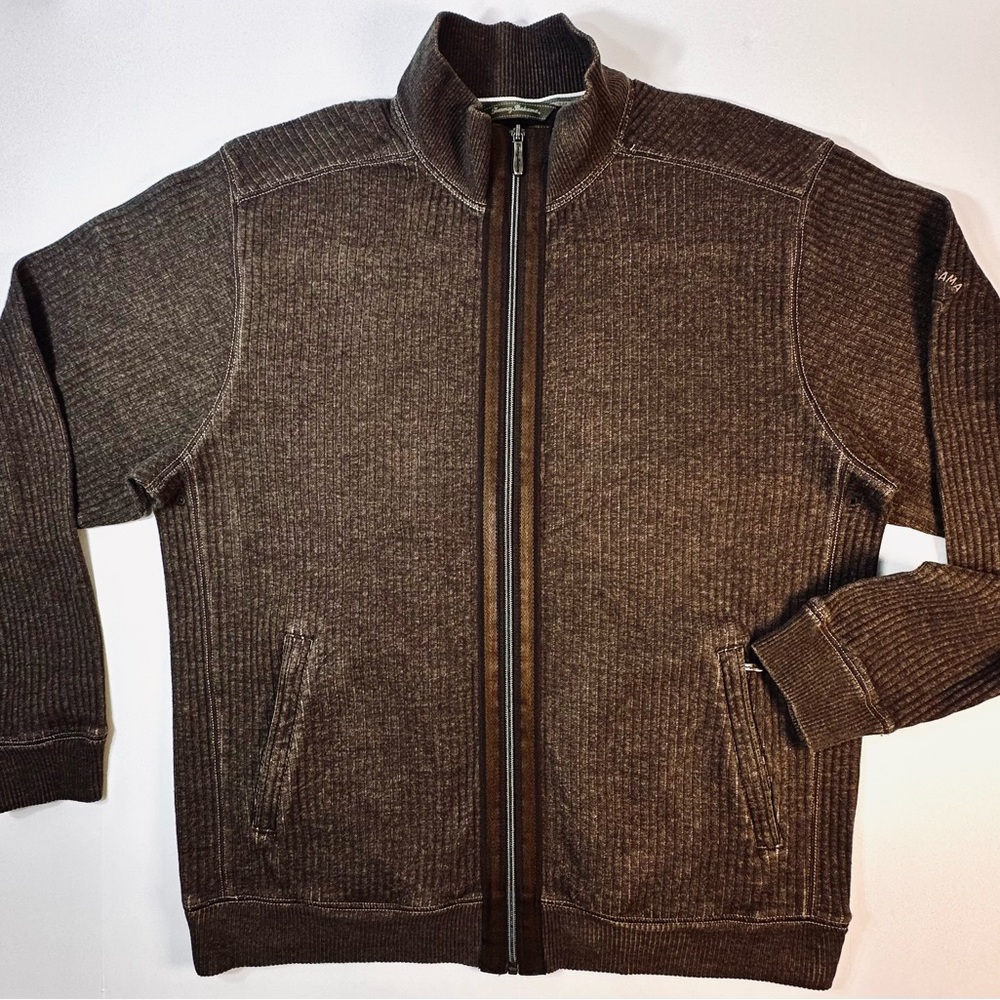 Tommy Bahama Sweater Men's medium Brown Full Zip Knit Mock Neck Pockets Ribbed.